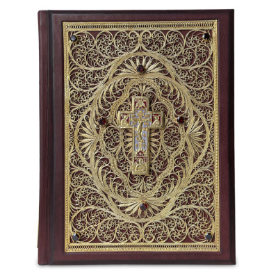 Библия большая в миниатюрах Палеха с филигранью (золото), гранатами - купить в Москве